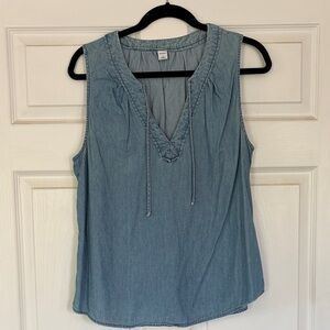 Sleeveless Light Blue Chambray V-Neck Top